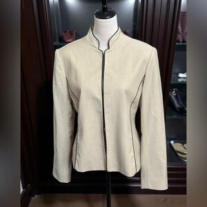 Lafayette 148 Blazer Jacket size 10 Khaki Tan Hook Eye Closure Peter Pan Collar